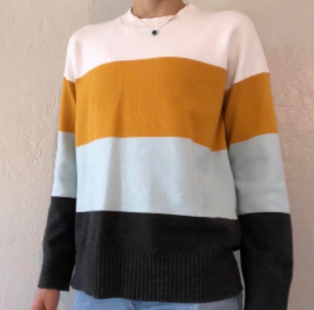 French Connection Womens M Cream Multi Striped Cozy Pullover Sweater
